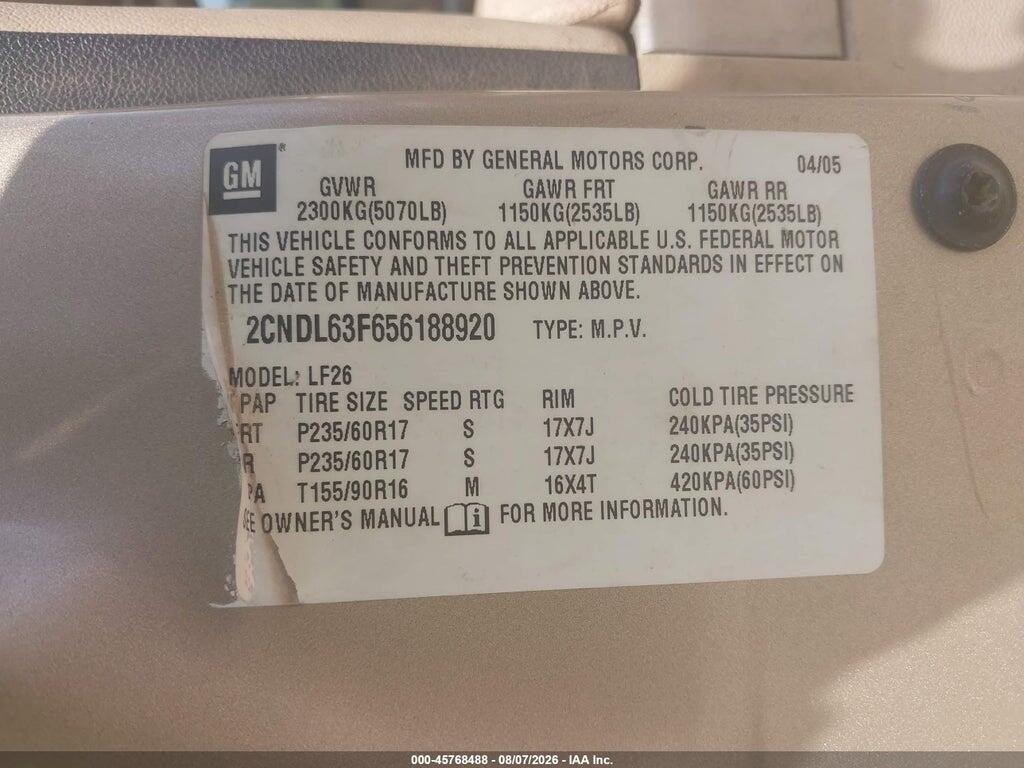 2CNDL63F656188920 2005 CHEVROLET EQUINOX photo no. 9