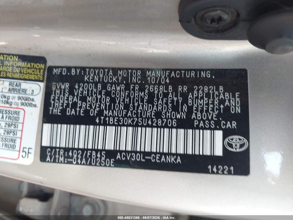 4T1BE30K75U428706 2005 TOYOTA CAMRY photo no. 9