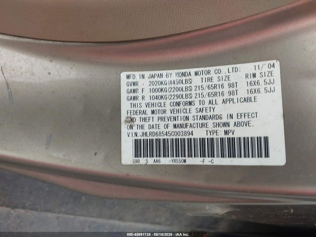 JHLRD68545C003894 2005 HONDA CR-V photo no. 9