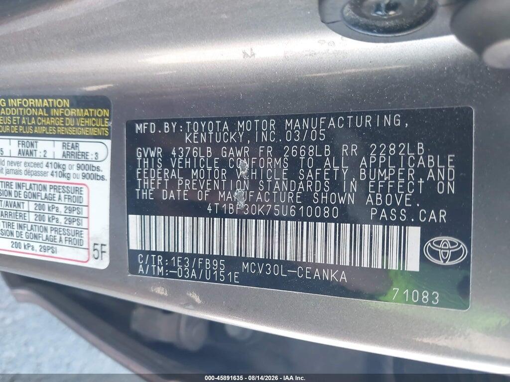 4T1BF30K75U610080 2005 TOYOTA CAMRY photo no. 9