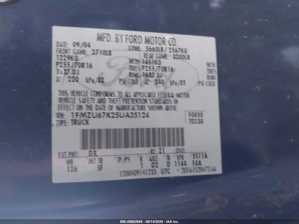 1FMZU67K25UA35124 2005 FORD EXPLORER SPORT TRAC photo no. 9