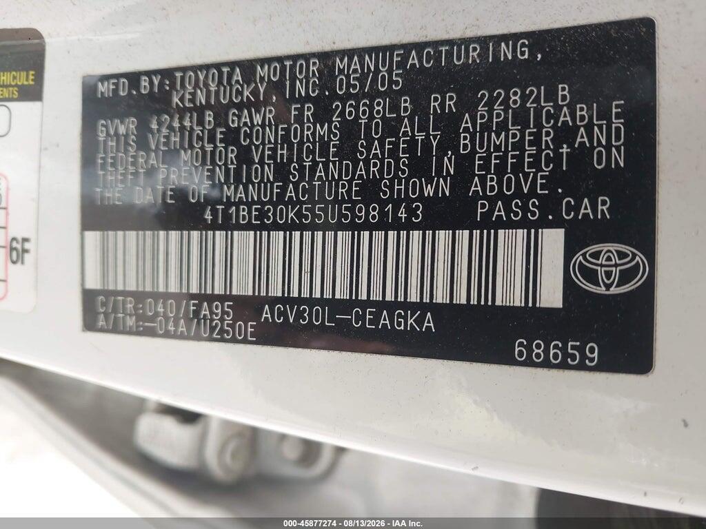 4T1BE30K55U598143 2005 TOYOTA CAMRY photo no. 9
