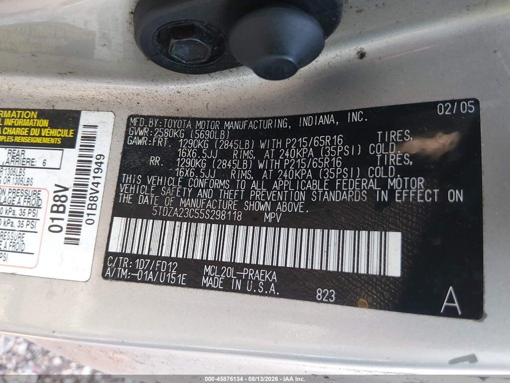 5TDZA23C55S298118 2005 TOYOTA SIENNA photo no. 9