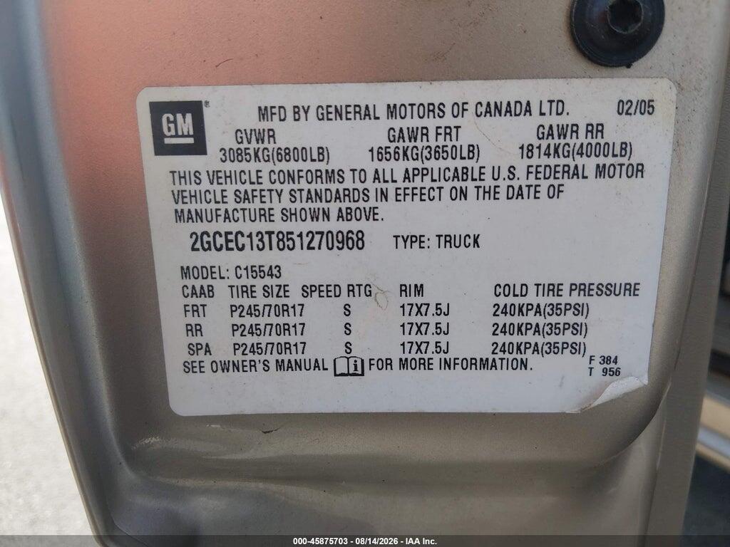 2GCEC13T851270968 2005 CHEVROLET SILVERADO 1500 photo no. 9