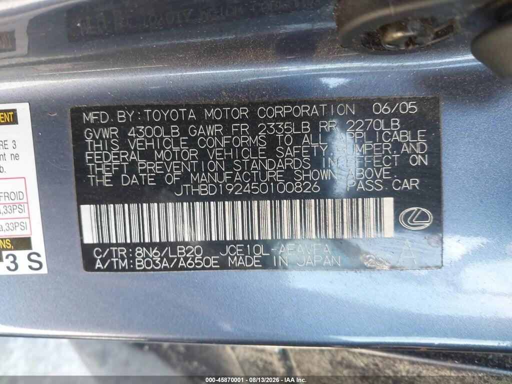 JTHBD192450100826 2005 LEXUS IS 300 photo no. 9