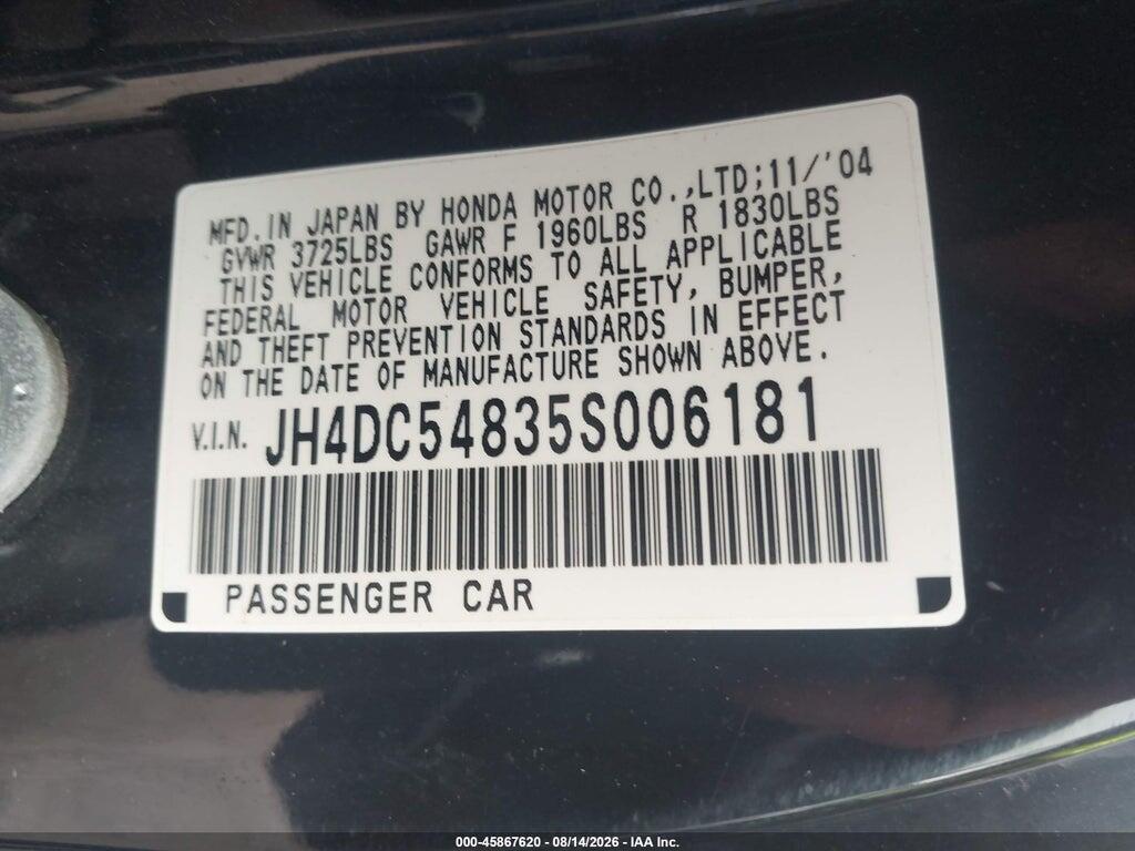 JH4DC54835S006181 2005 ACURA RSX photo no. 9