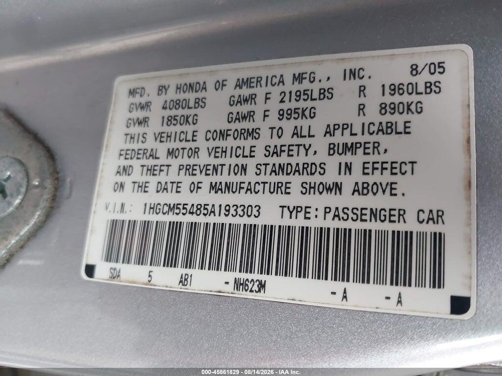 1HGCM55485A193303 2005 HONDA ACCORD photo no. 9