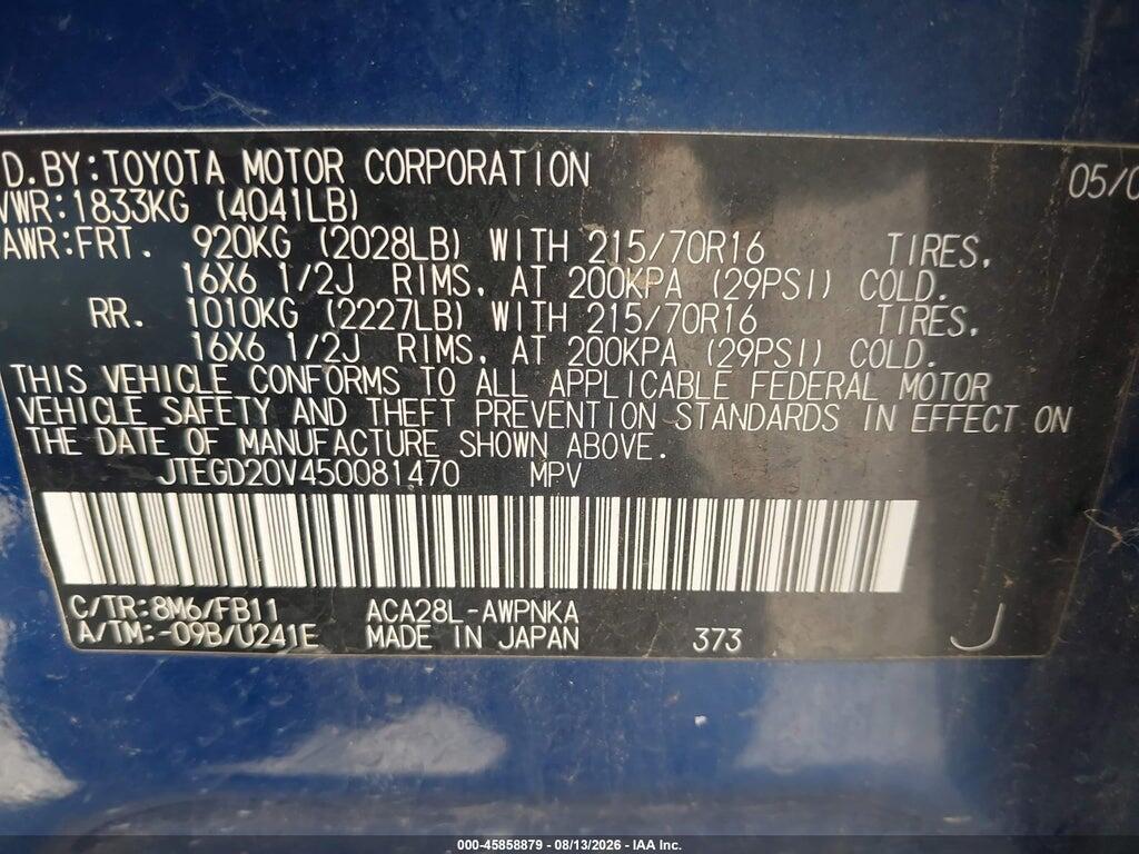 JTEGD20V450081470 2005 TOYOTA RAV4 photo no. 9