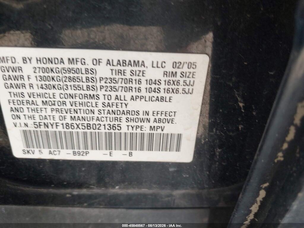 5FNYF186X5B021365 2005 HONDA PILOT photo no. 9