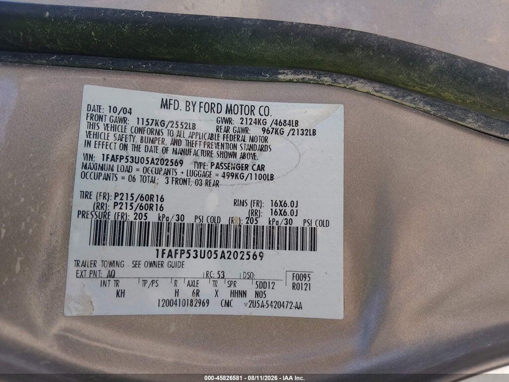 1FAFP53U05A202569 2005 FORD TAURUS photo no. 9
