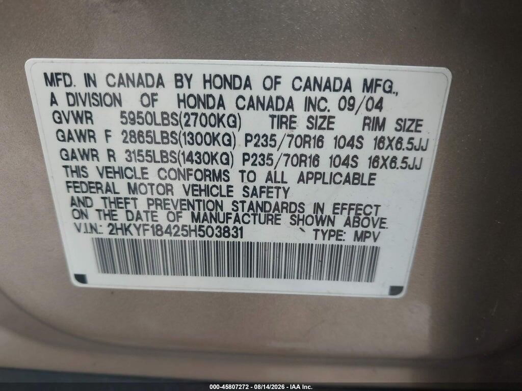 2HKYF18425H503831 2005 HONDA PILOT photo no. 9