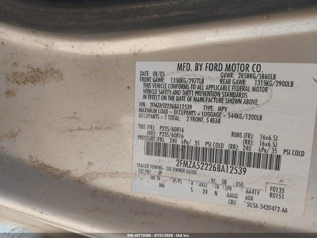 2FMZA52226BA12539 2006 FORD FREESTAR photo no. 9