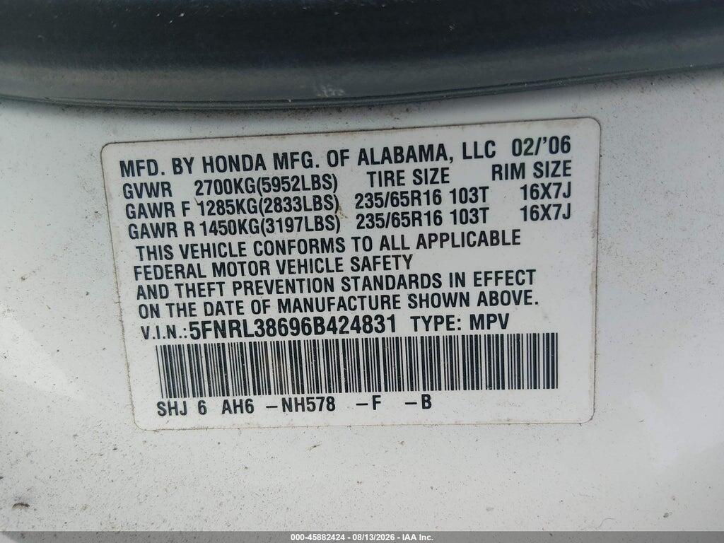 5FNRL38696B424831 2006 HONDA ODYSSEY photo no. 9