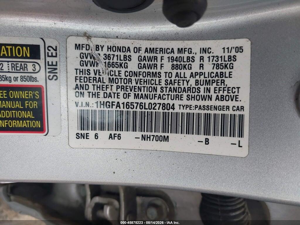 1HGFA16576L027804 2006 HONDA CIVIC photo no. 9