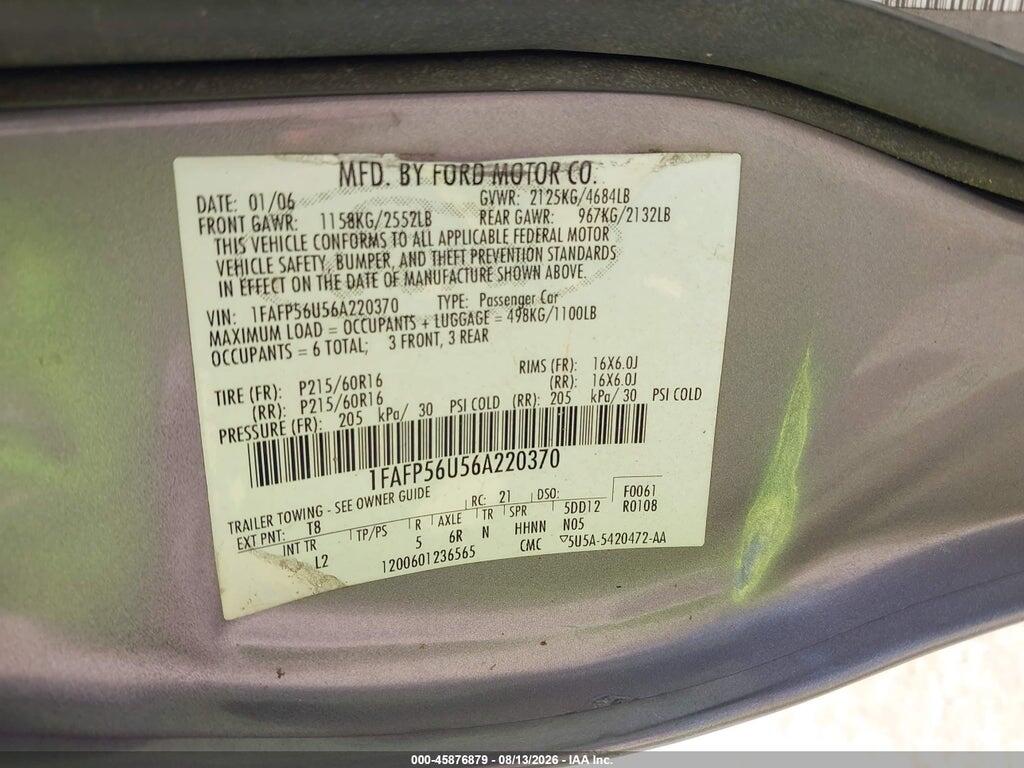1FAFP56U56A220370 2006 FORD TAURUS photo no. 9