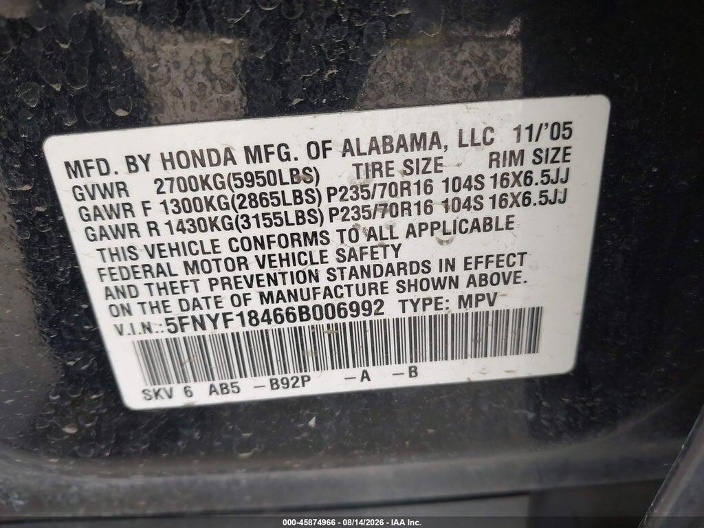 5FNYF18466B006992 2006 HONDA PILOT photo no. 9