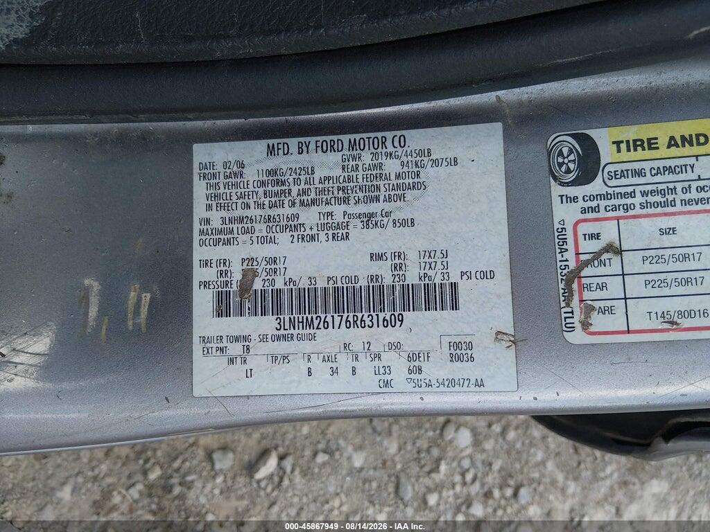 3LNHM26176R631609 2006 LINCOLN ZEPHYR photo no. 9