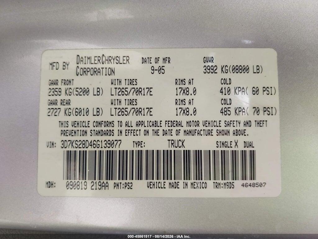 3D7KS28D46G139077 2006 DODGE RAM 2500 photo no. 9