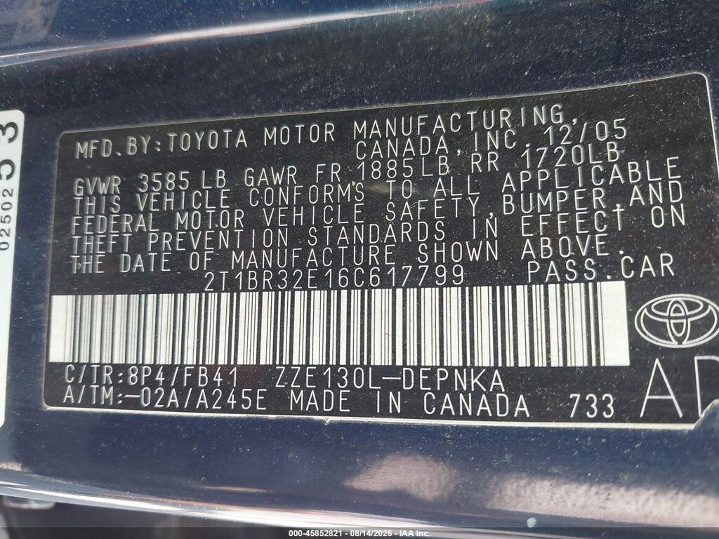 2T1BR32E16C617799 2006 TOYOTA COROLLA photo no. 9