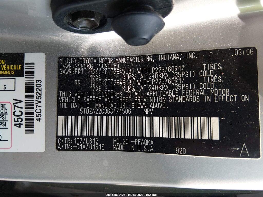 5TDZA22C36S474506 2006 TOYOTA SIENNA photo no. 9
