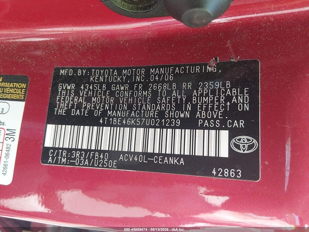 4T1BE46K57U021239 2007 TOYOTA CAMRY photo no. 9