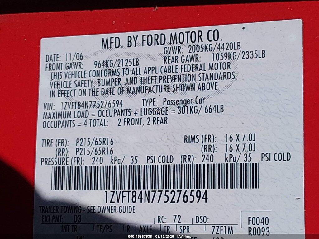 1ZVFT84N775276594 2007 FORD MUSTANG photo no. 9