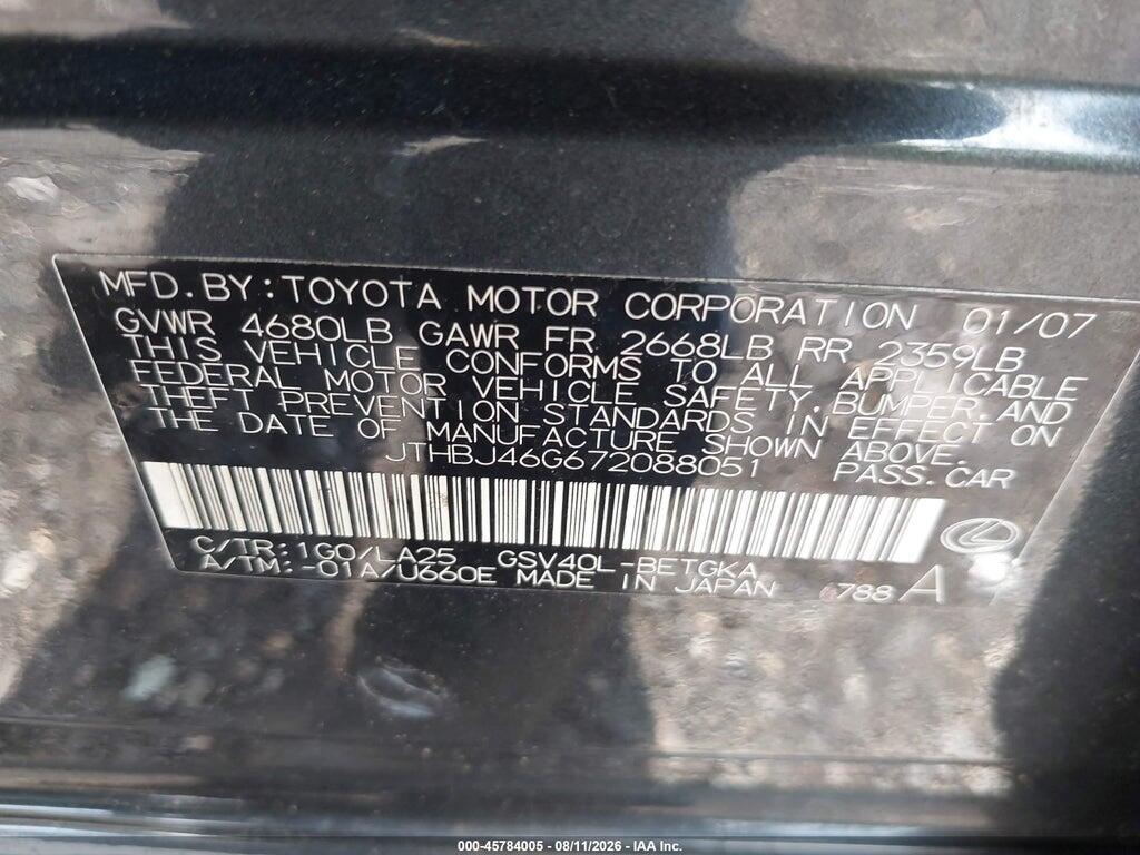 JTHBJ46G672088051 2007 LEXUS ES 350 photo no. 9