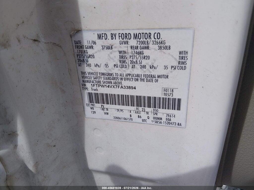 1FTPW14VX7FA33894 2007 FORD F-150 photo no. 9