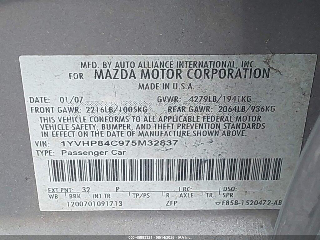 1YVHP84C975M32837 2007 MAZDA MAZDA6 photo no. 9