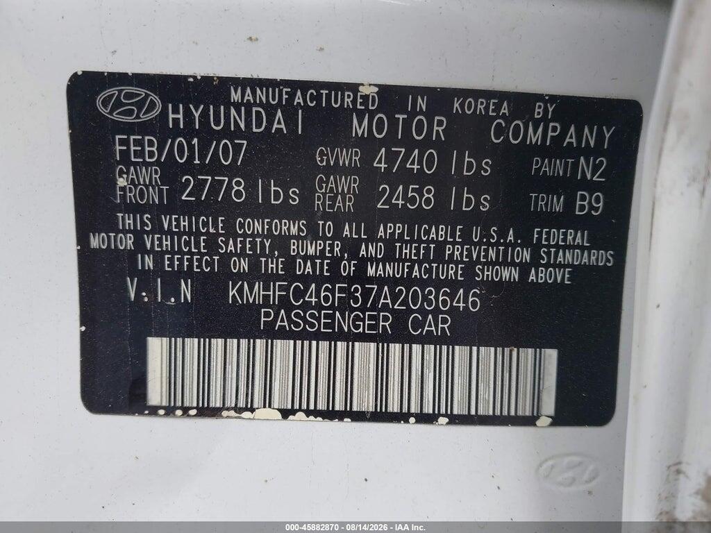 KMHFC46F37A203646 2007 HYUNDAI AZERA photo no. 9