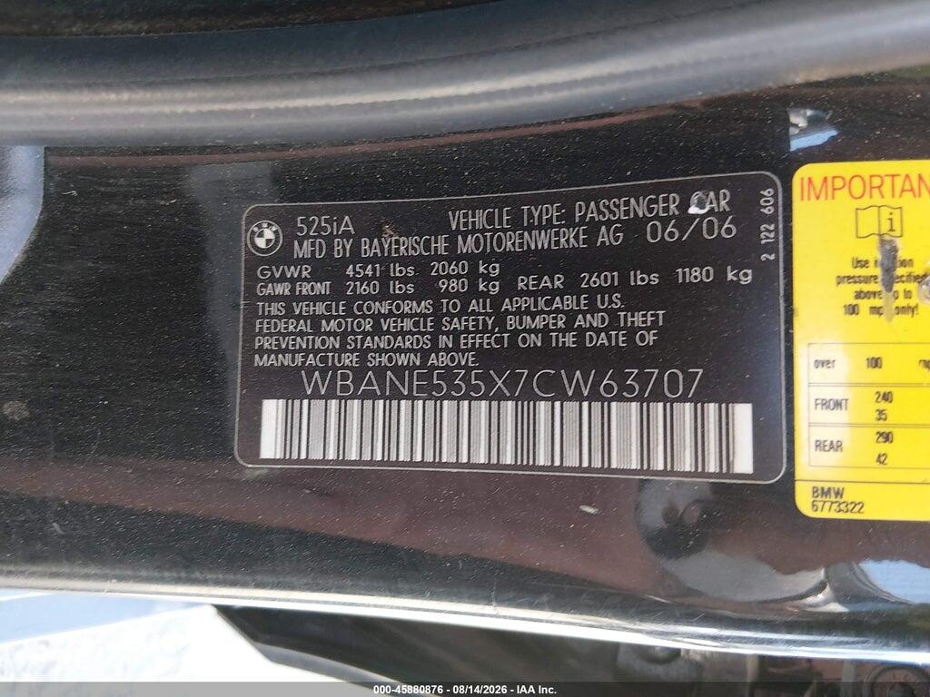 WBANE535X7CW63707 2007 BMW 525I photo no. 9