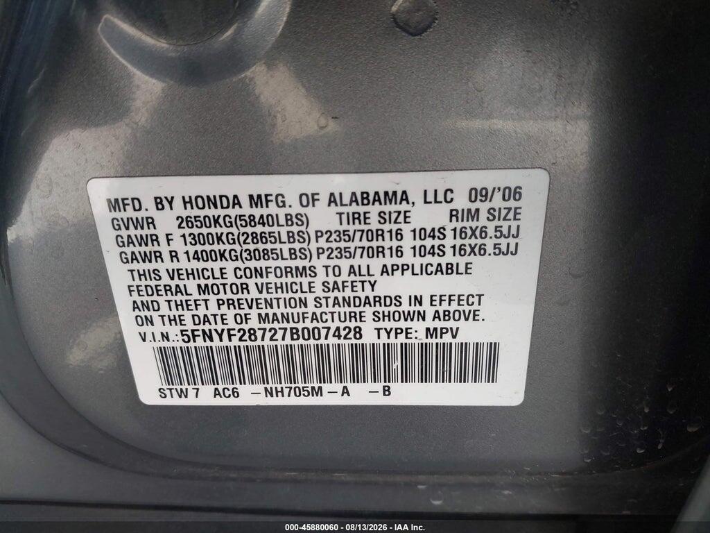 5FNYF28727B007428 2007 HONDA PILOT photo no. 9