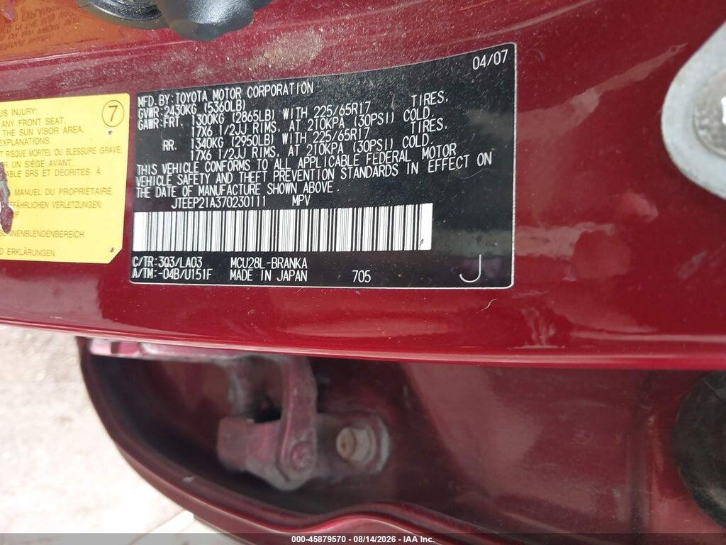 JTEEP21A370230111 2007 TOYOTA HIGHLANDER photo no. 9