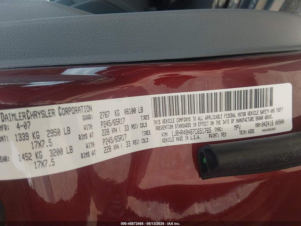 1J8HR48N87C651765 2007 JEEP GRAND CHEROKEE photo no. 9