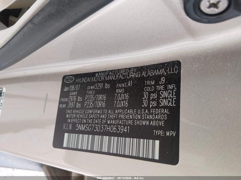 5NMSG73D37H063941 2007 HYUNDAI SANTA FE photo no. 9