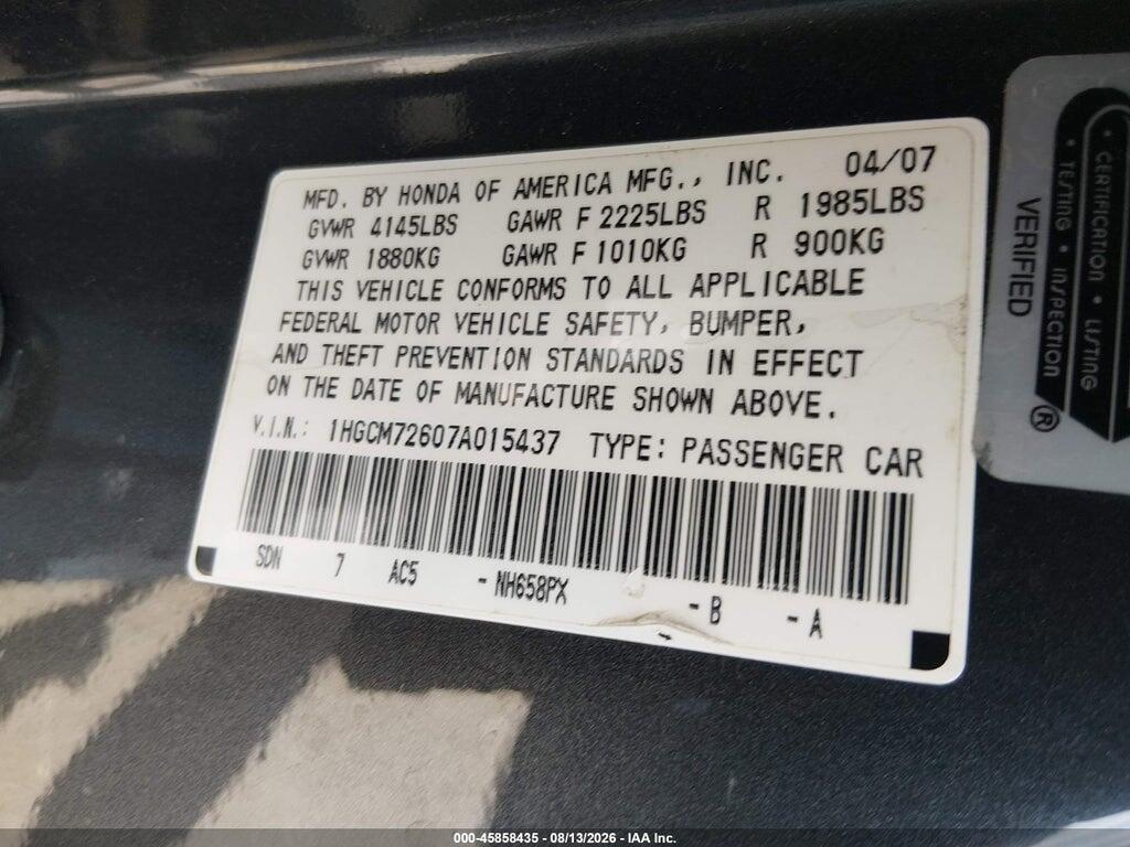 1HGCM72607A015437 2007 HONDA ACCORD photo no. 9
