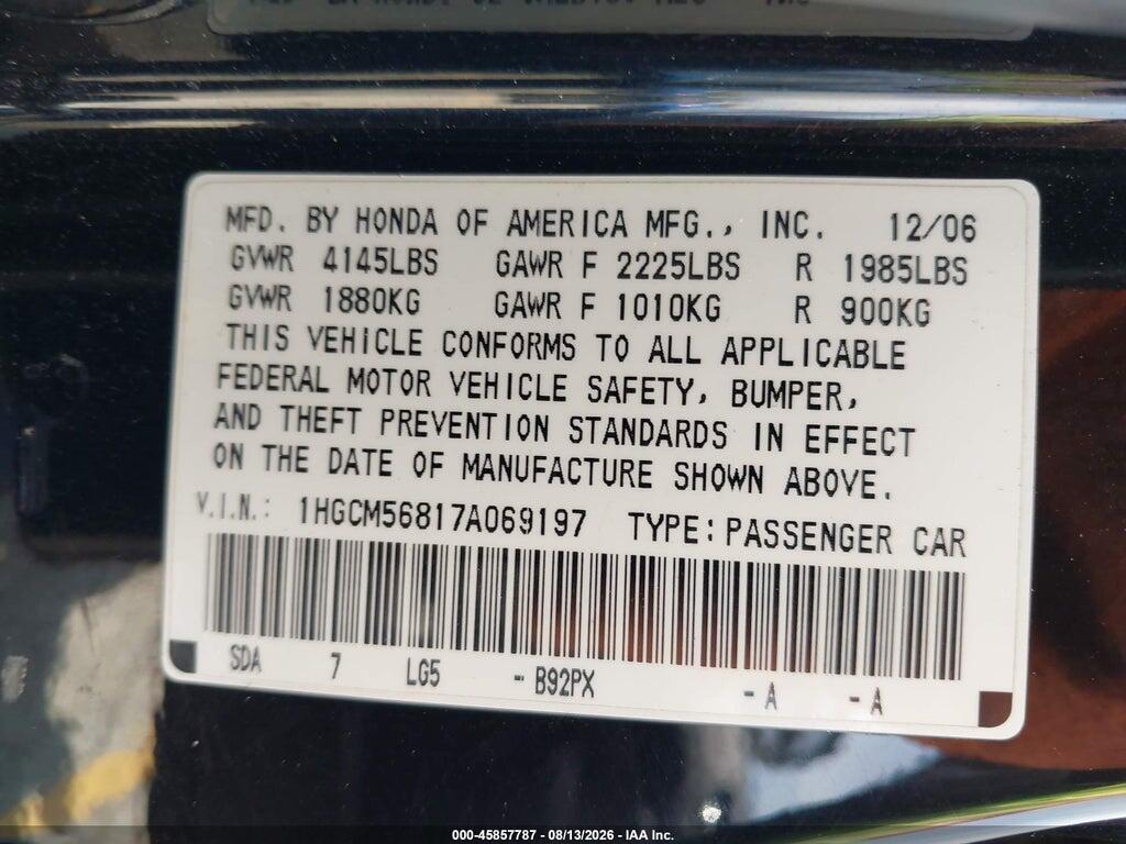 1HGCM56817A069197 2007 HONDA ACCORD photo no. 9