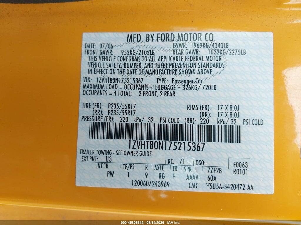 1ZVHT80N175215367 2007 FORD MUSTANG photo no. 9