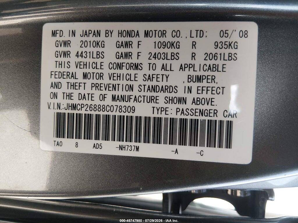 JHMCP26888C078309 2008 HONDA ACCORD photo no. 9