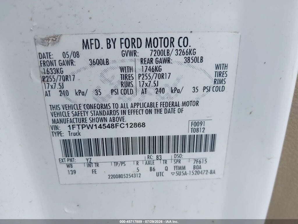 1FTPW14548FC12868 2008 FORD F-150 photo no. 9