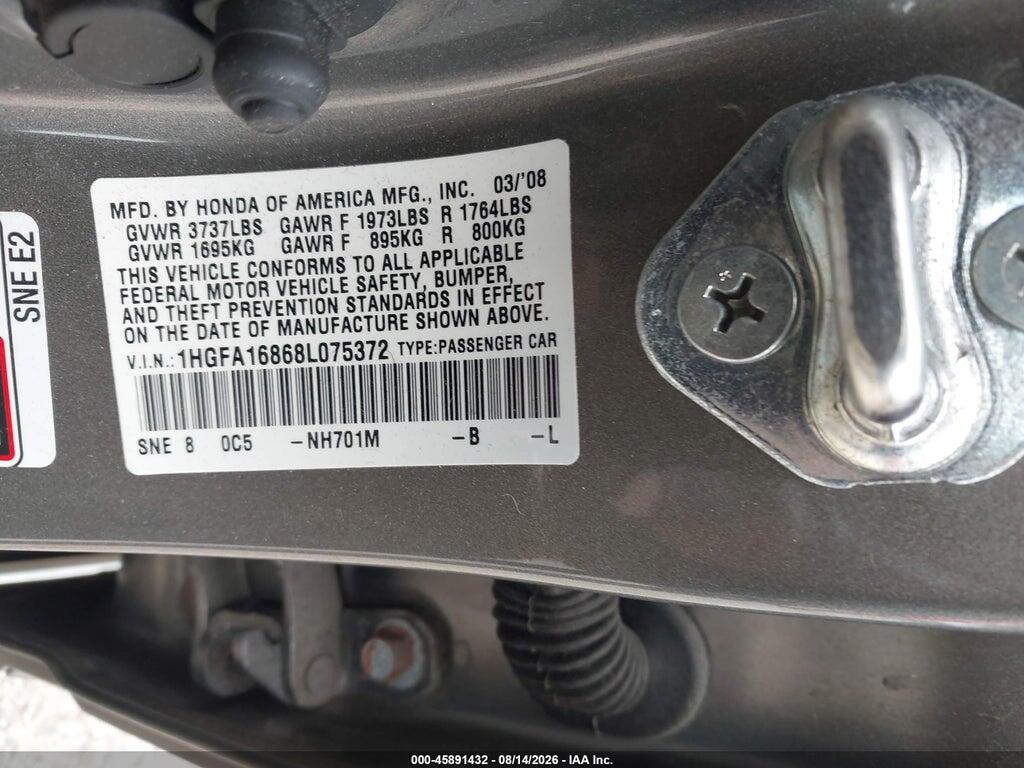1HGFA16868L075372 2008 HONDA CIVIC photo no. 9
