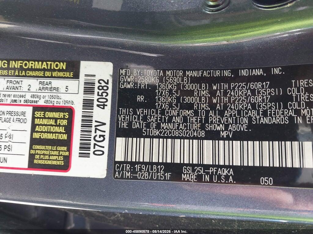 5TDBK22C08S020408 2008 TOYOTA SIENNA photo no. 9