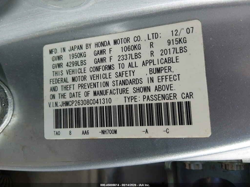 JHMCP26308C041310 2008 HONDA ACCORD photo no. 9