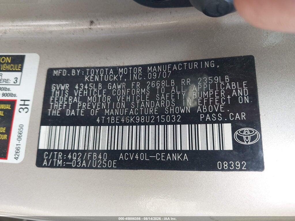 4T1BE46K98U215032 2008 TOYOTA CAMRY photo no. 9