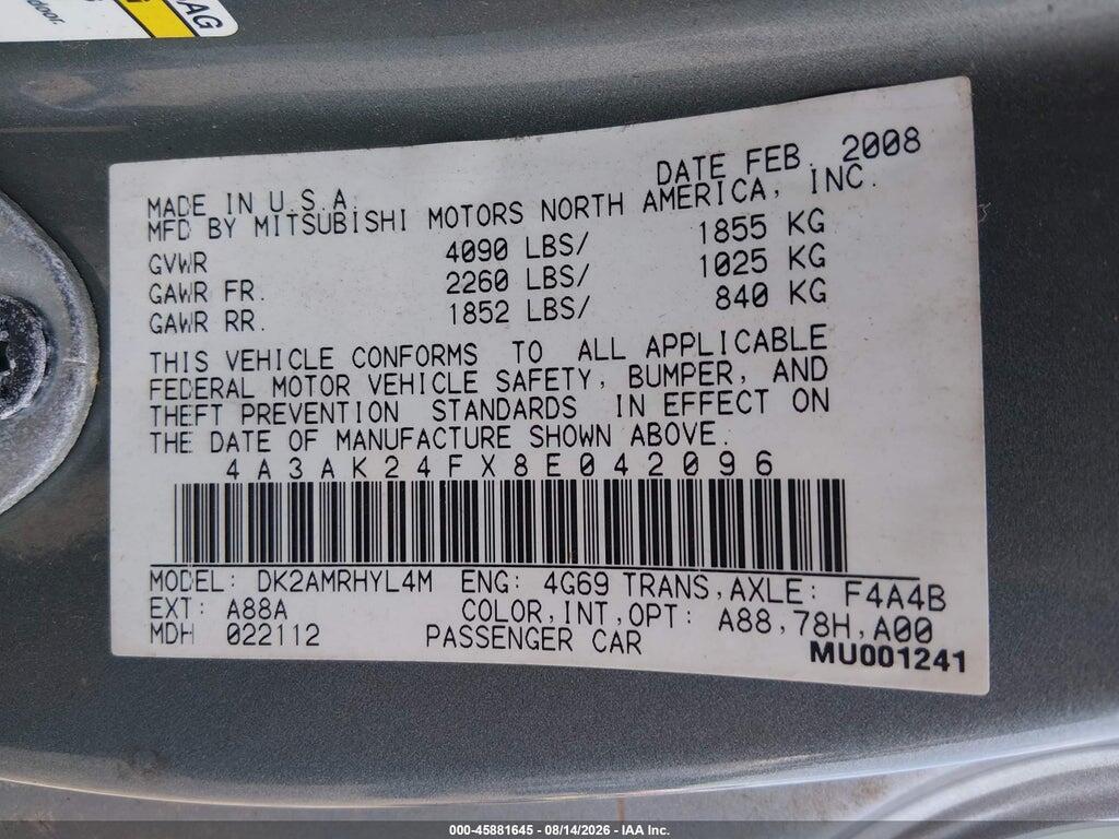 4A3AK24FX8E042096 2008 MITSUBISHI ECLIPSE photo no. 9
