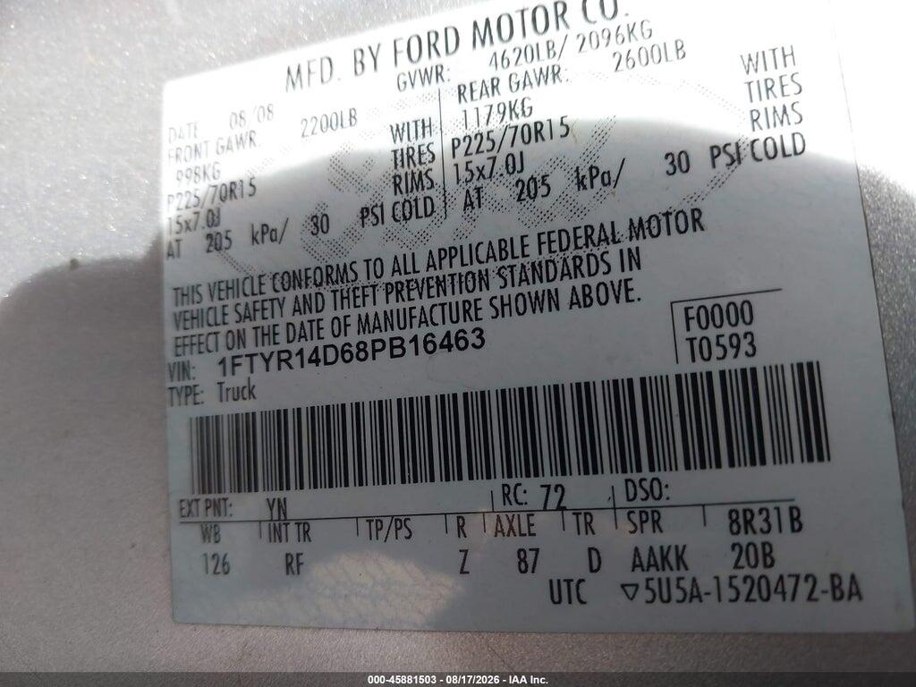 1FTYR14D68PB16463 2008 FORD RANGER photo no. 9