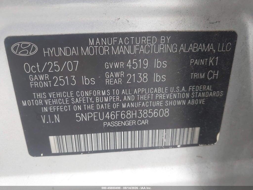 5NPEU46F68H385608 2008 HYUNDAI SONATA photo no. 9