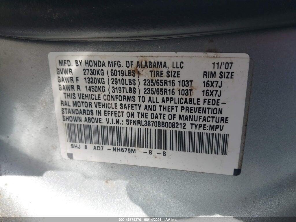 5FNRL38708B008212 2008 HONDA ODYSSEY photo no. 9