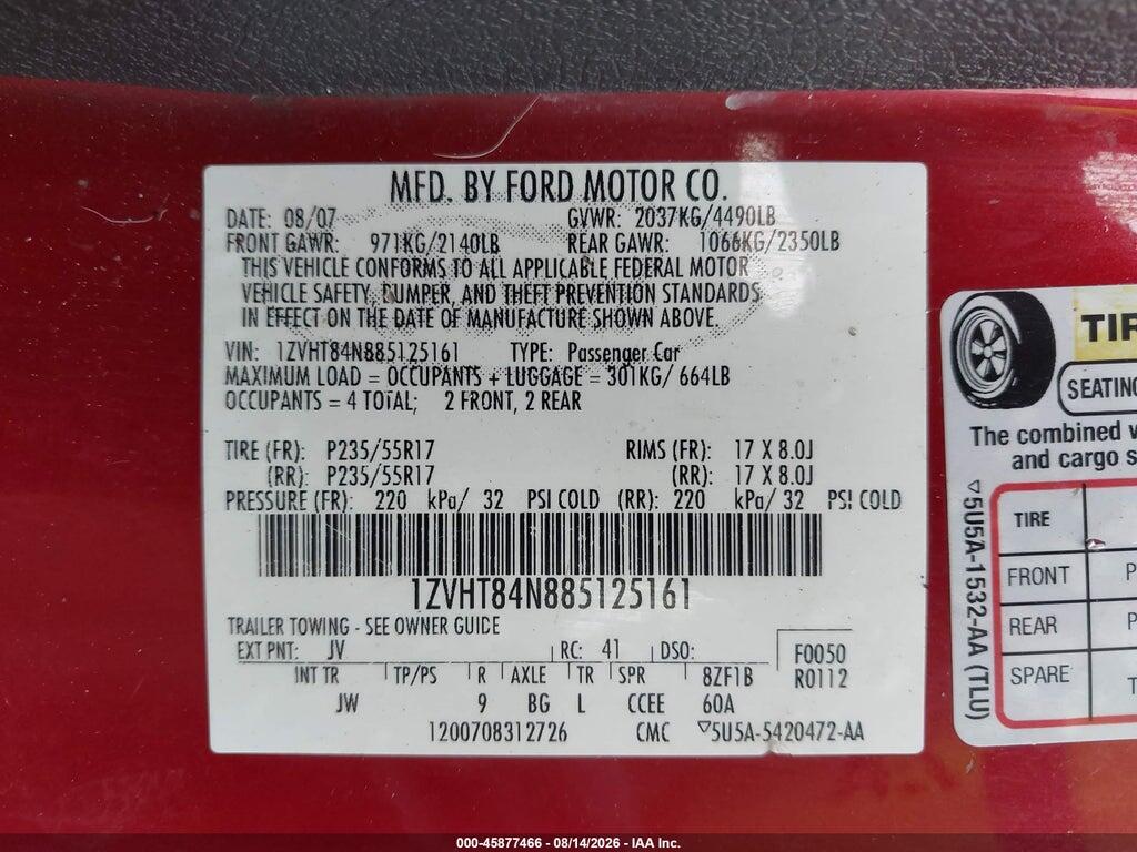 1ZVHT84N885125161 2008 FORD MUSTANG photo no. 9