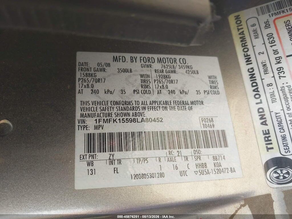 1FMFK15598LA80452 2008 FORD EXPEDITION EL photo no. 9